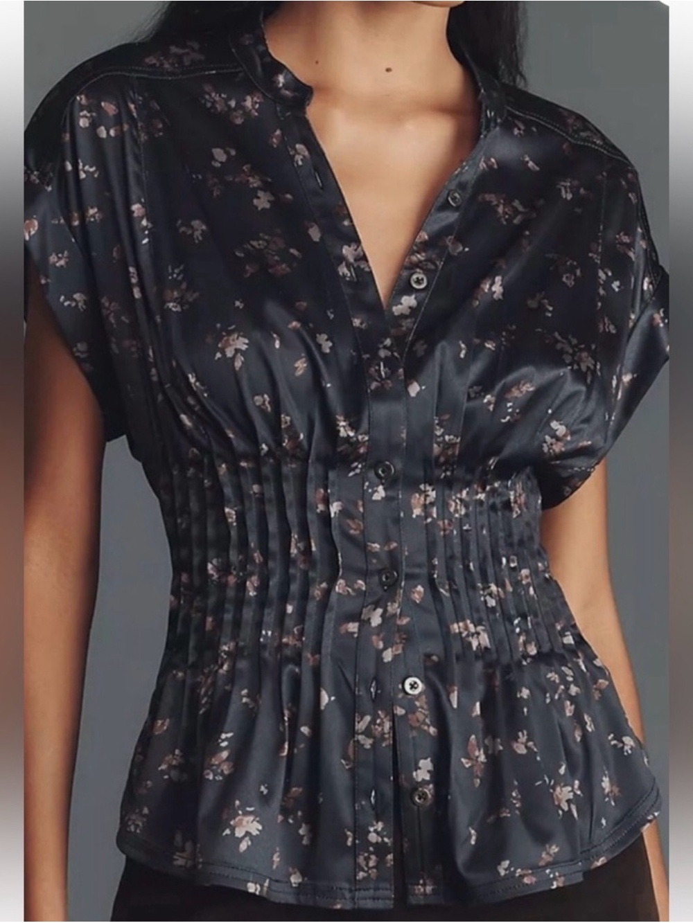 Anthropologie Black Floral Satin Button-Up Blouse